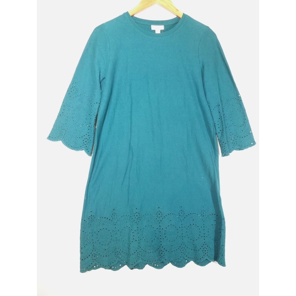 Talbots Eyelet Shift Dress XSP Teal Scalloped Cotton Boho Cottagecore Coastal